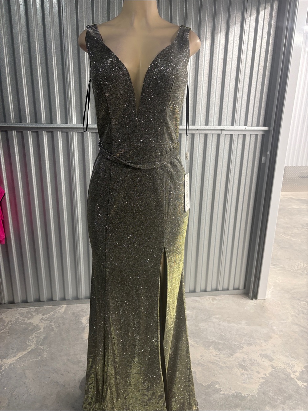 Lux Sparkle Olive Green Deep V Evening Gown